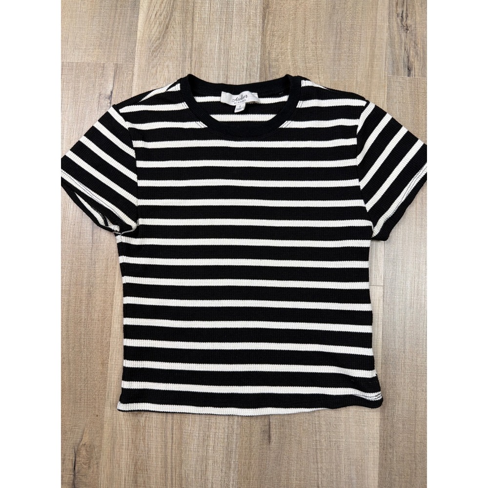 Atelier by Kirious Womens Small Black White Striped Waffle Knit Short Sleeve Top